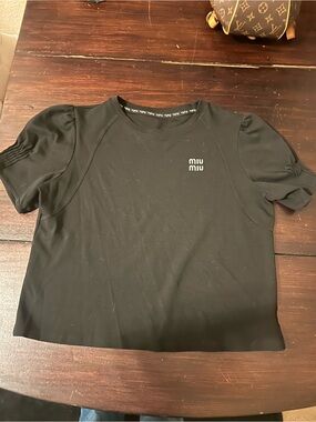Miu Miu Black Short Puff Sleeve Logo Top